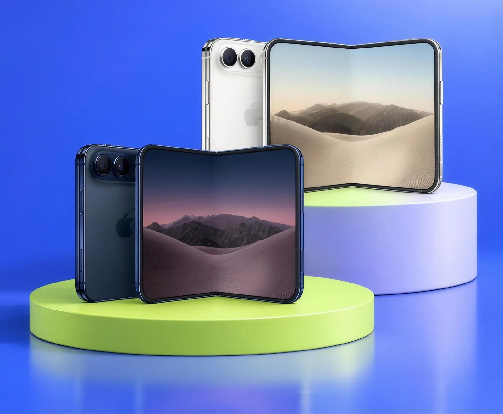iPhone Duo in Star White and Night Sky on lime and lavender podiums
